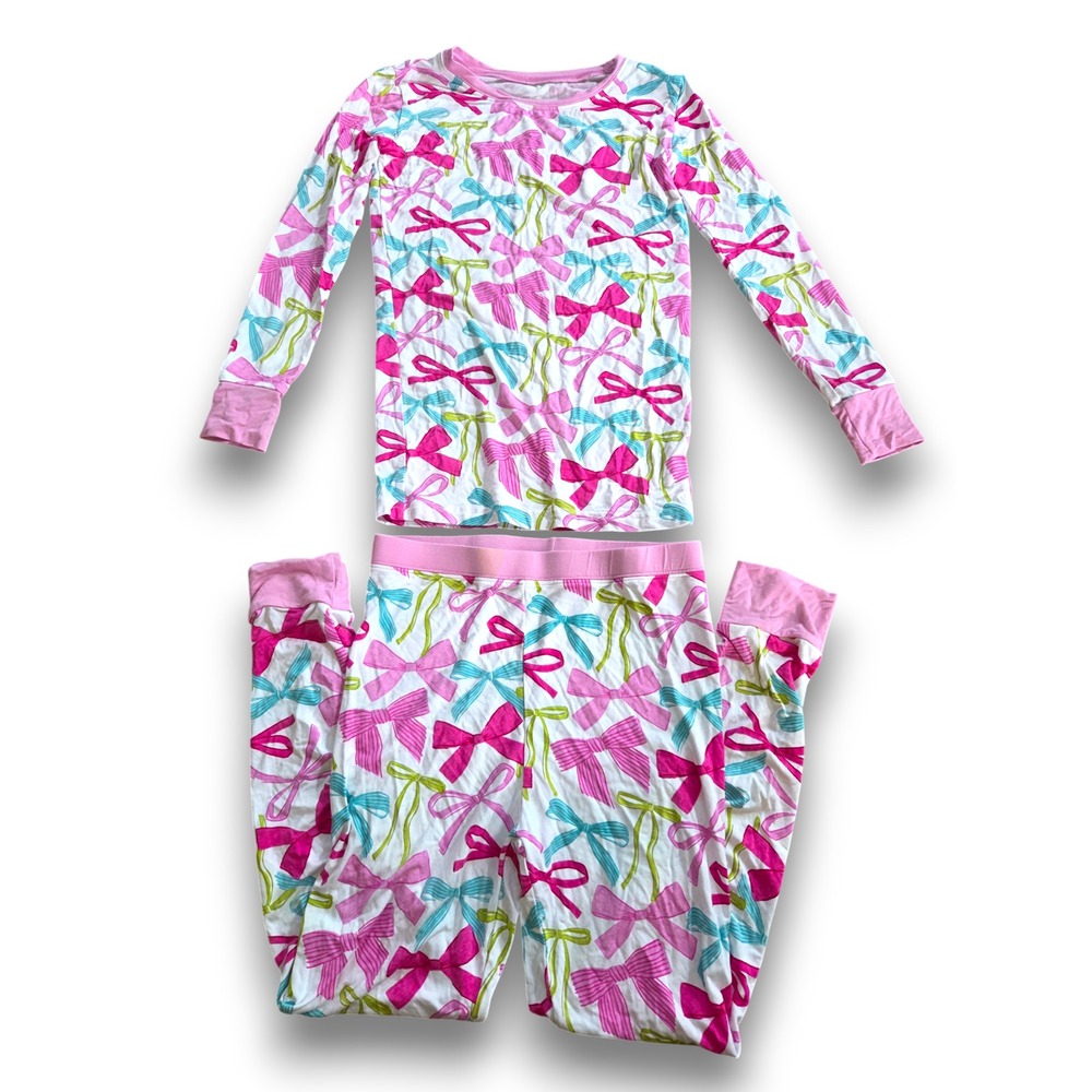 Little Sleepies Pink Bow Pajamas Set Bamboo Kids Girls 9/10